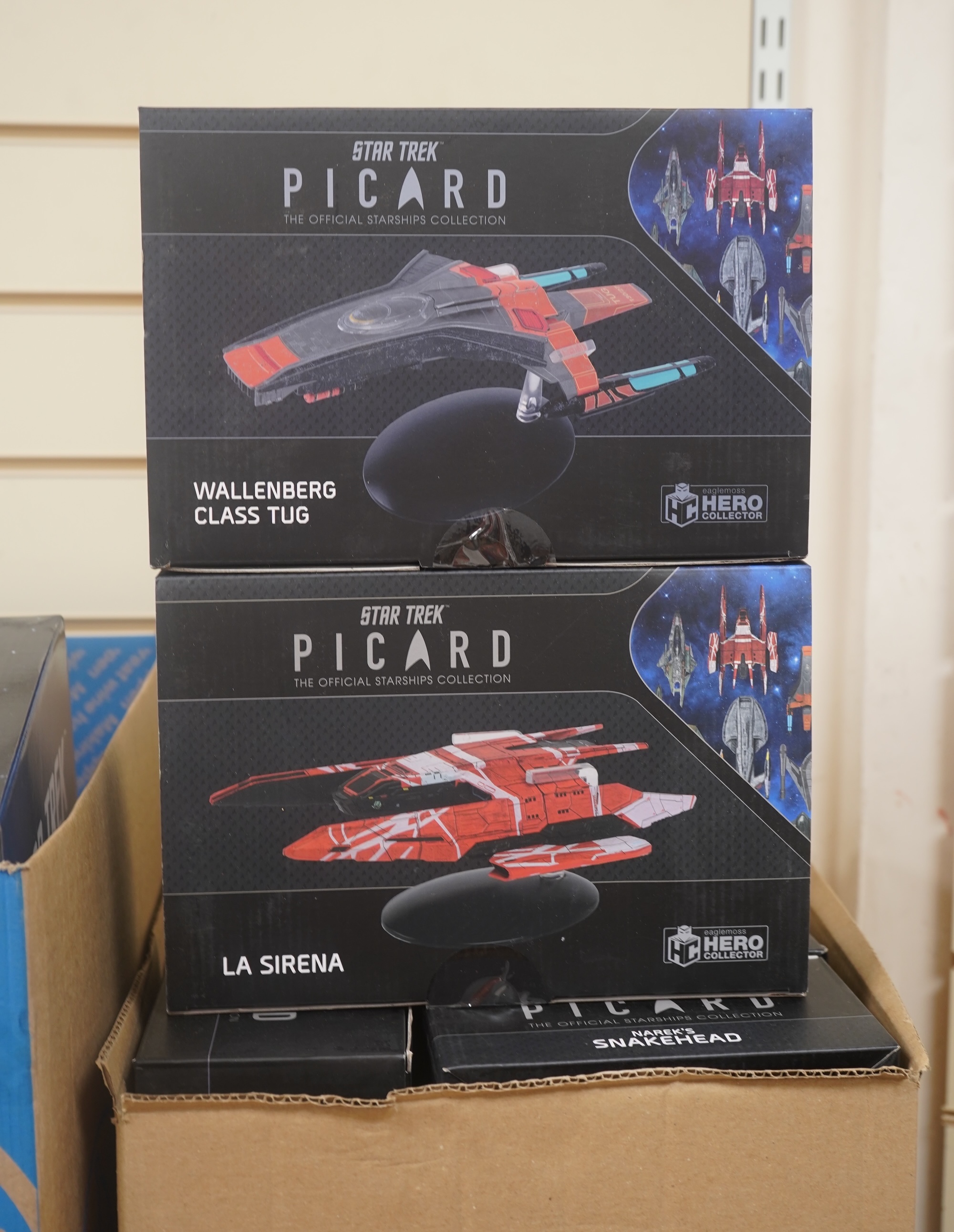 Nineteen boxed Eaglemoss Star Trek magazine issue models, including; a Vulcan Cruiser, a Klingon Qugh Class vessel, a Son’a Battleship, a Romulan Flagship, Jupiter Station, Ty’Gokor Orbital Station, etc. Condition - good